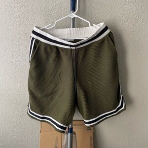 John Elliott Olive Corduroy Basketball Shorts with Black and White Accents